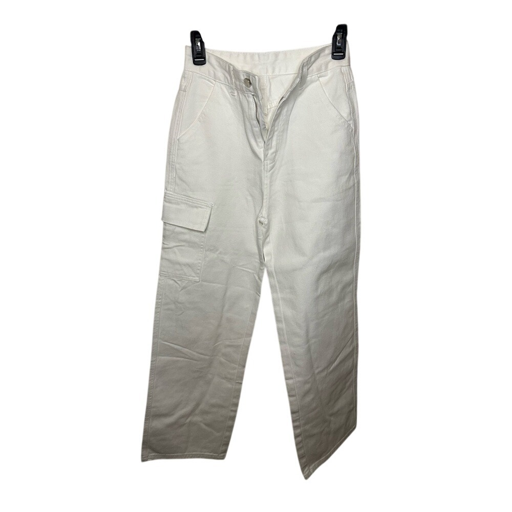 Ammense White Cargo Pants Straight Leg Utility Trousers XS Extra Small NEW